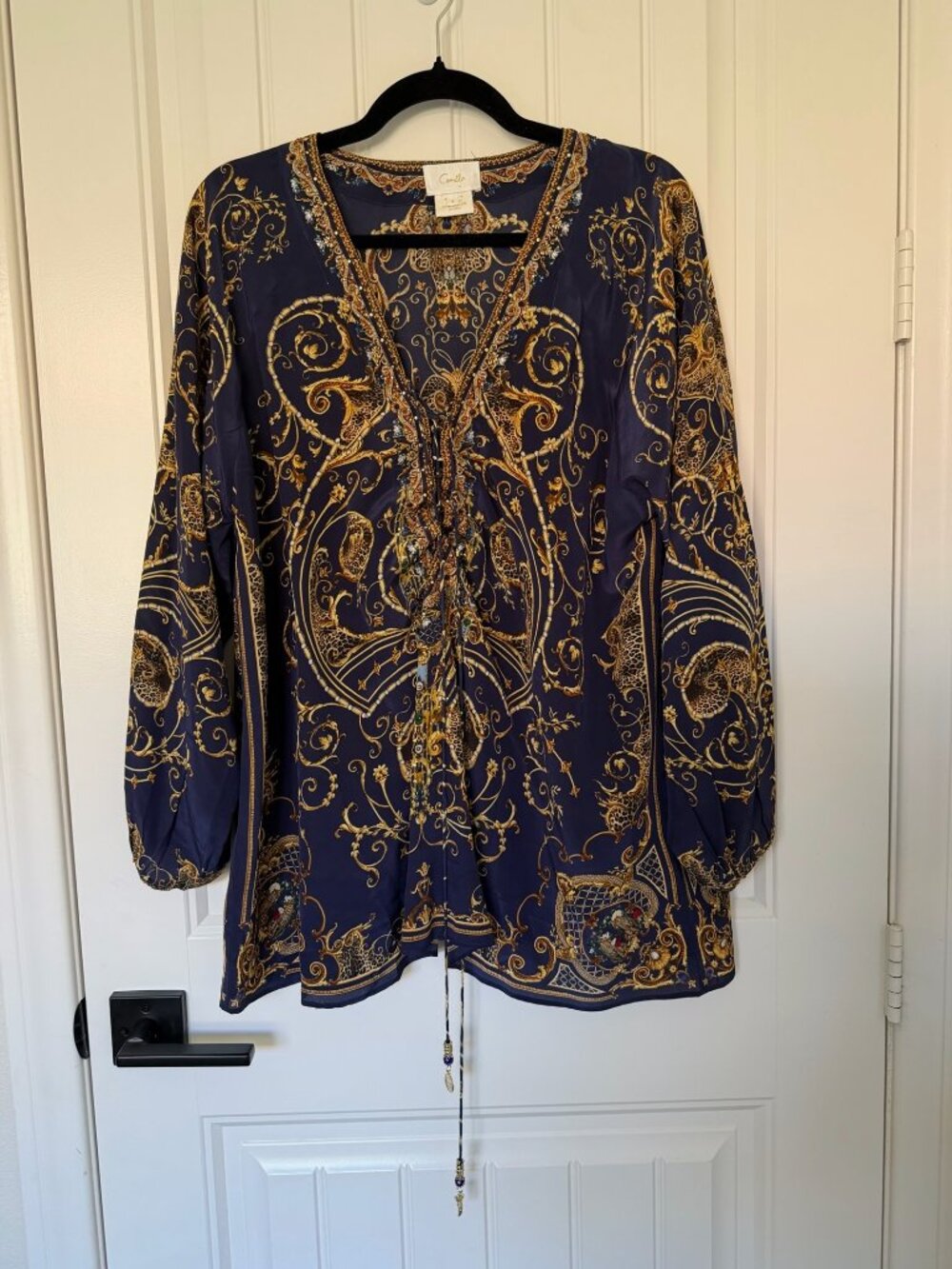 Camilla | 100% Silk Navy & Gold Baroque Lace Up Blouse Size Small